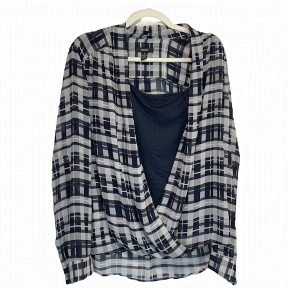 Alfani Navy Plaid Sheer Top with Tank